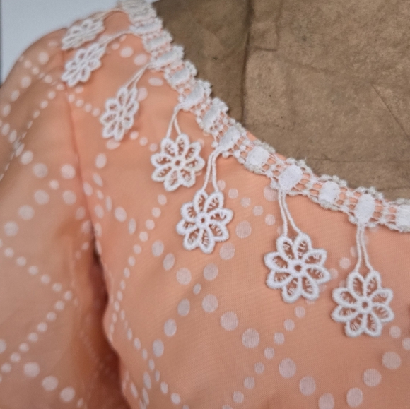 Vintage Bridgerton Puff Sleeve Orange Cream Bow Back Crochet Fringe Dress, XS/S - Picture 7 of 12